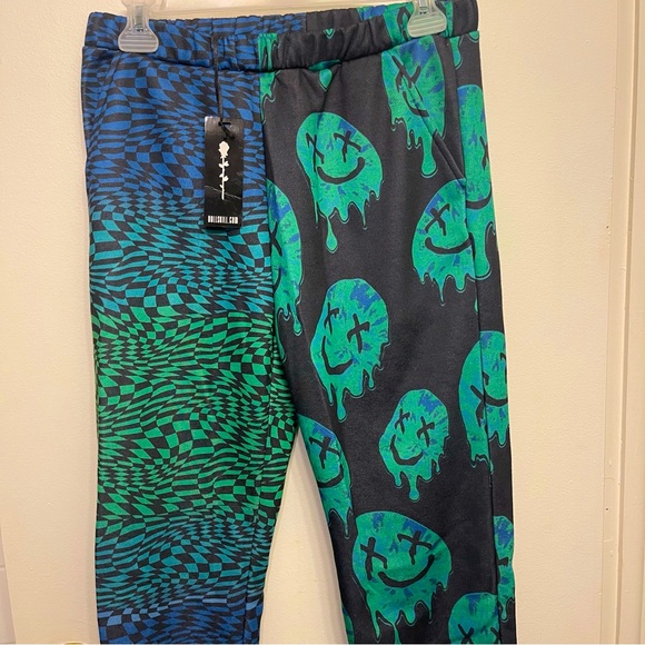 Dolls Kill Pants - Dollskill Festival style trippy pants SZ M acid trip smilies Poster Girl fleece